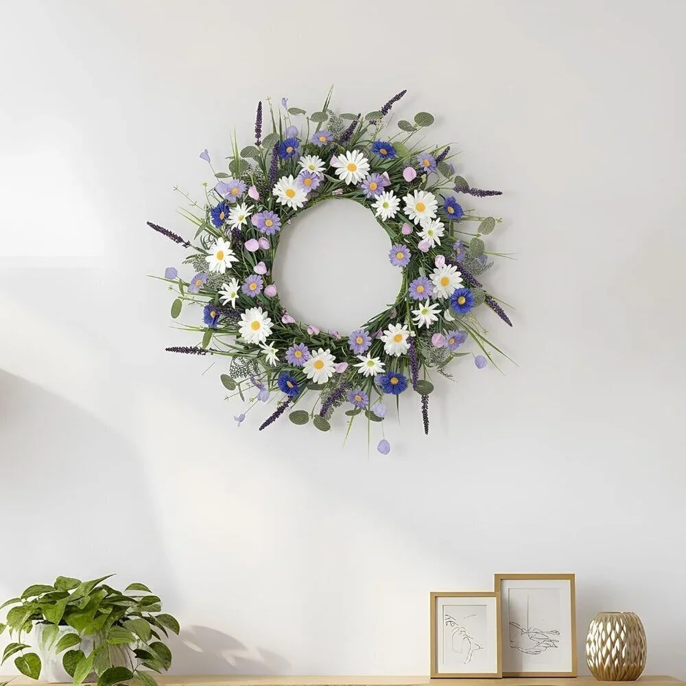 20 '' Spring Wreaths for Front Door Lavender Flowers Artifical Daisy Purple